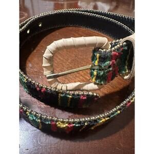 Vintage Belt Womens M L 35.5” Leather Aztec Woven Tapestry Blanket Gold